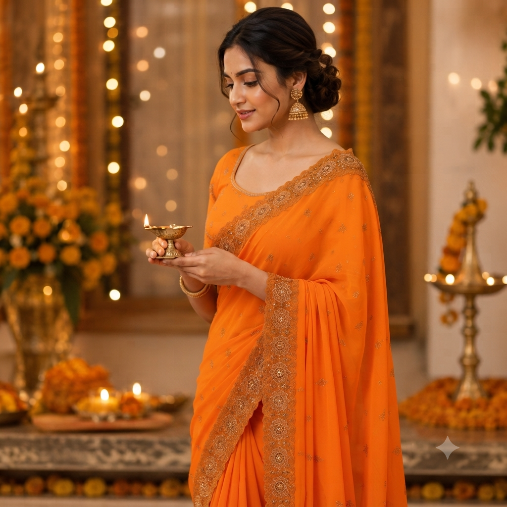 BRIGHT TANGERINE GEORGETTE SAREE WITH ZARI+ CUTDANA BORDER WORK