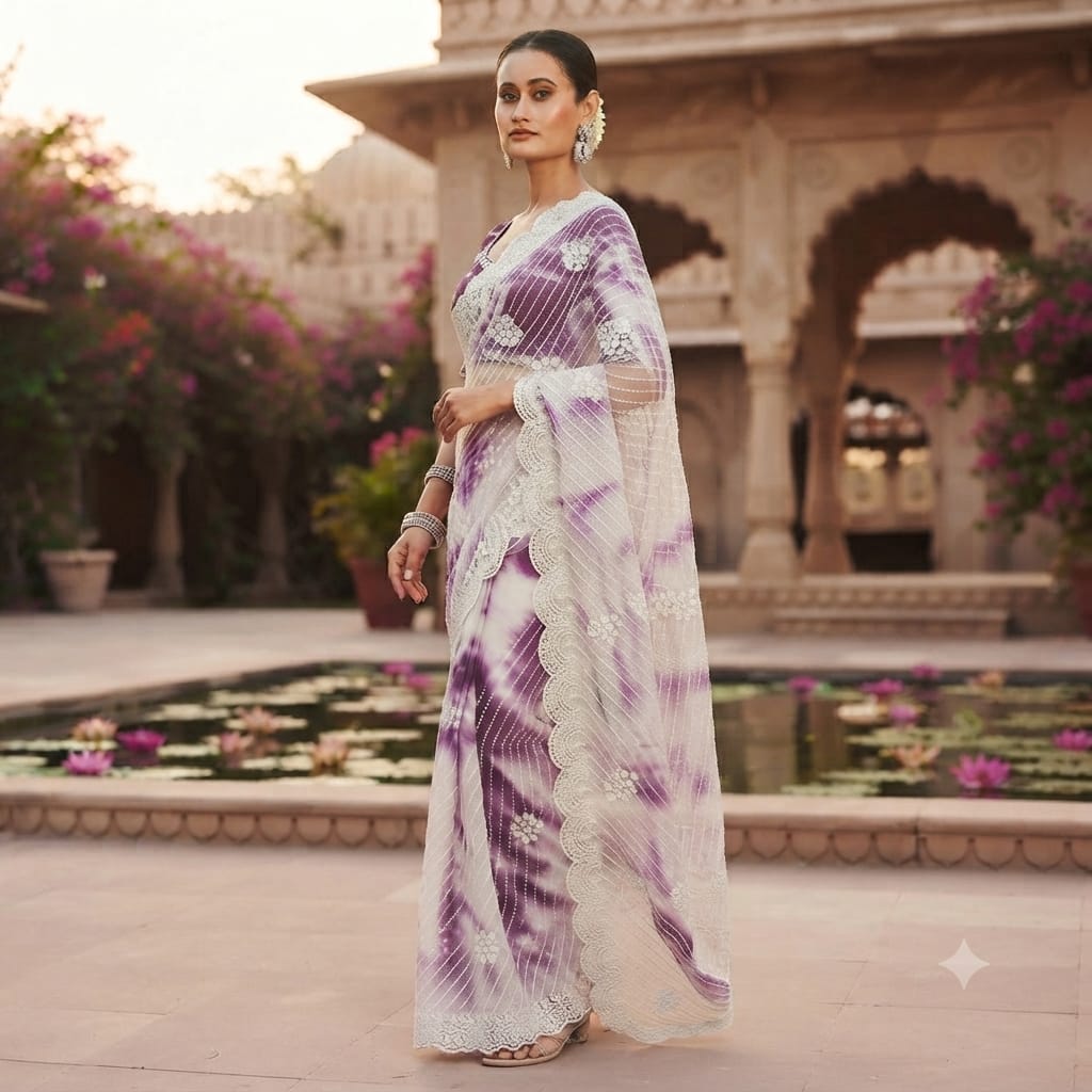 PLUM AND WHITE SAREE