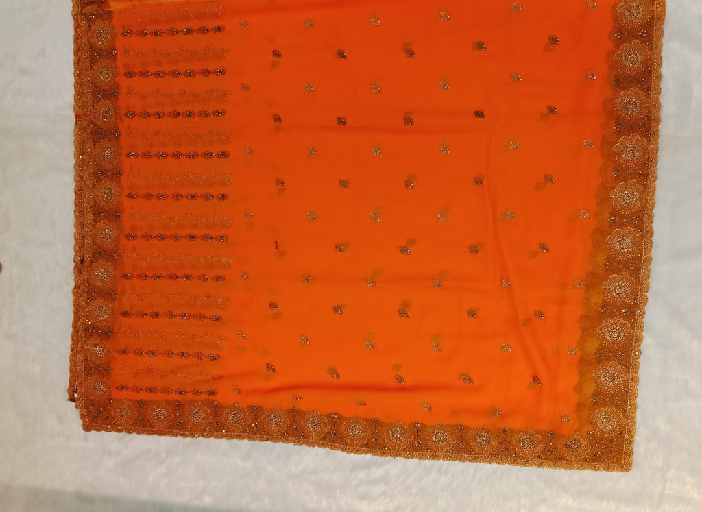 BRIGHT TANGERINE GEORGETTE SAREE WITH ZARI+ CUTDANA BORDER WORK