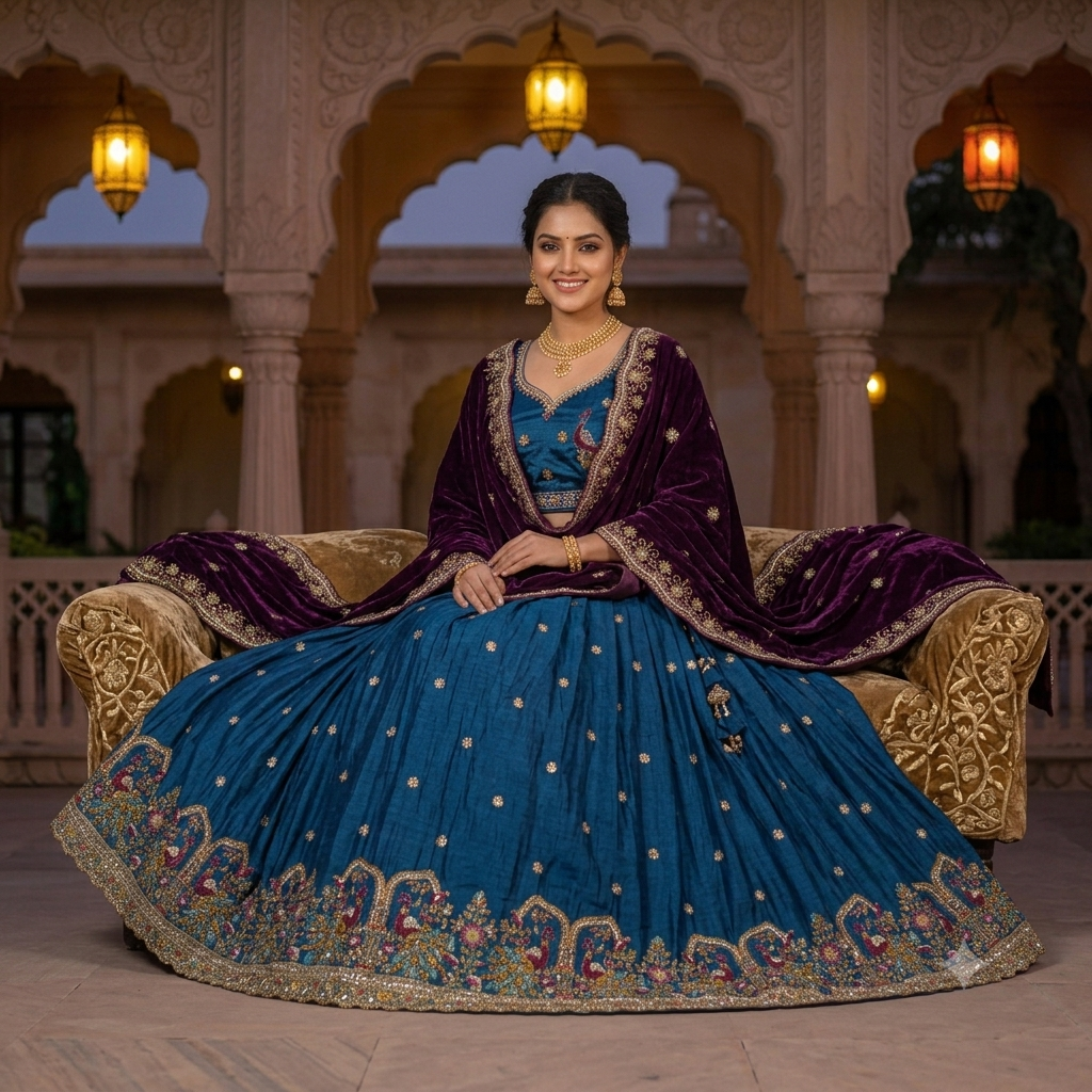 TEAL BLUE LEHENGA WITH PEACOCK+ FLORAL BORDER WORK