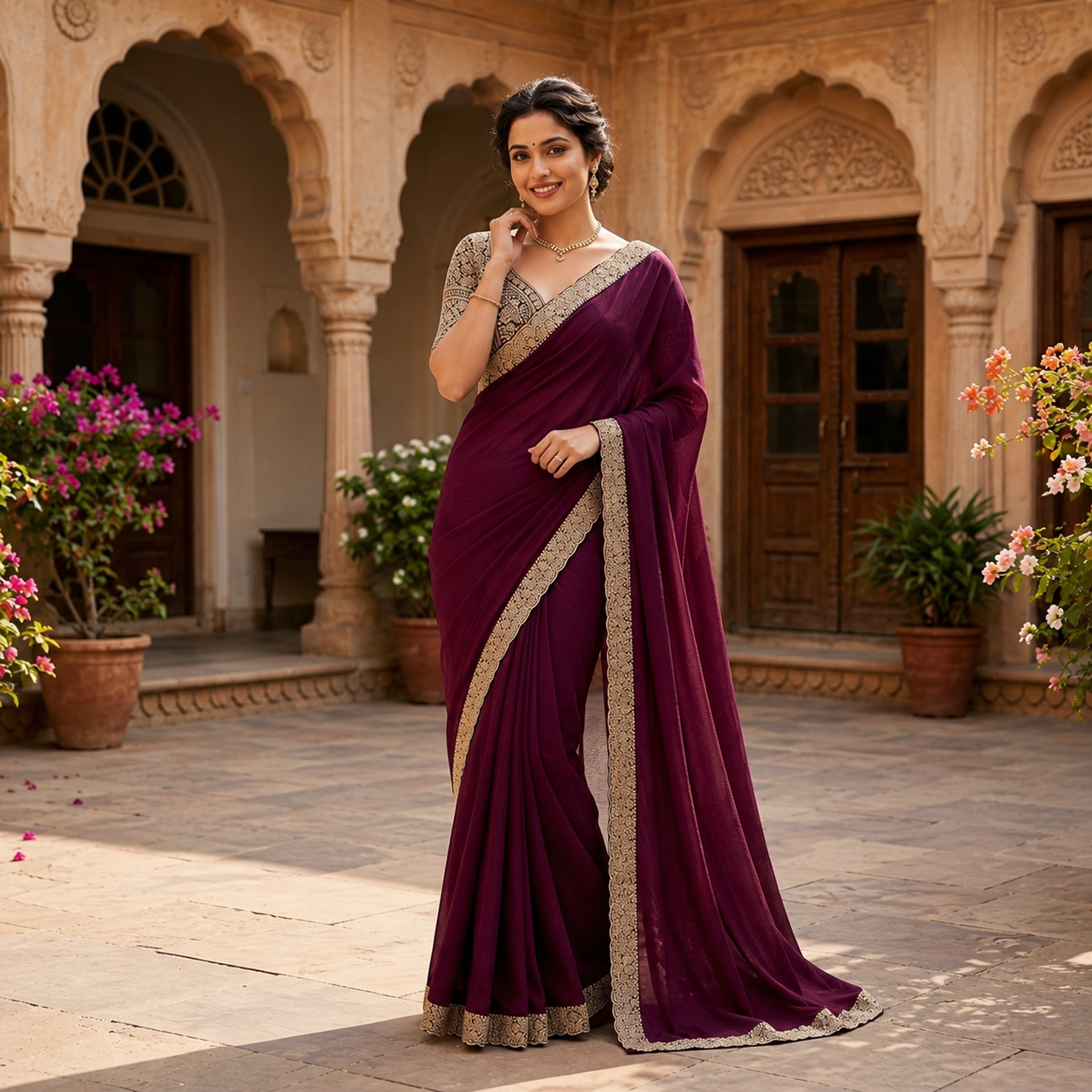 WINE GEORGETTE SAREE WITH GOLD SCALLOP BORDER