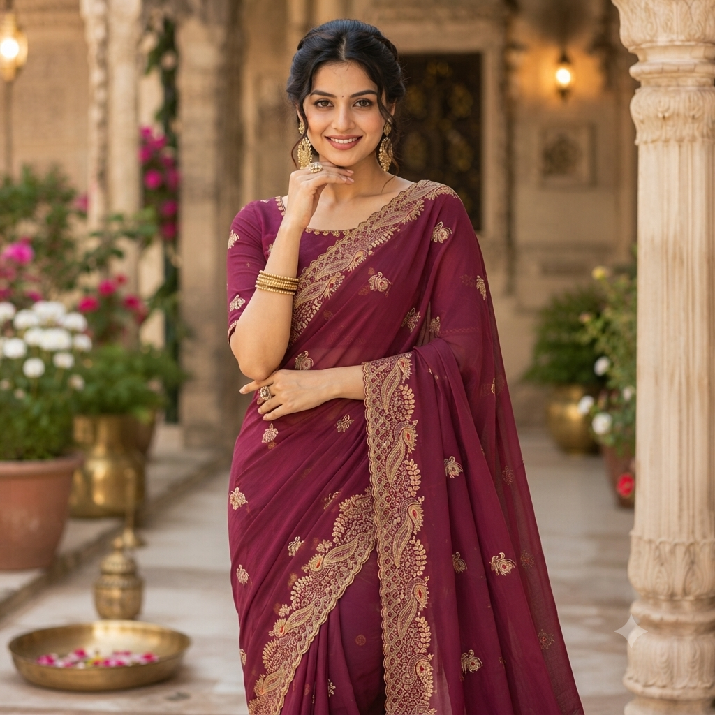 WINE GEORGETTE SAREE WITH GOLD ZARI+ RESHAM PAISLEY BORDER