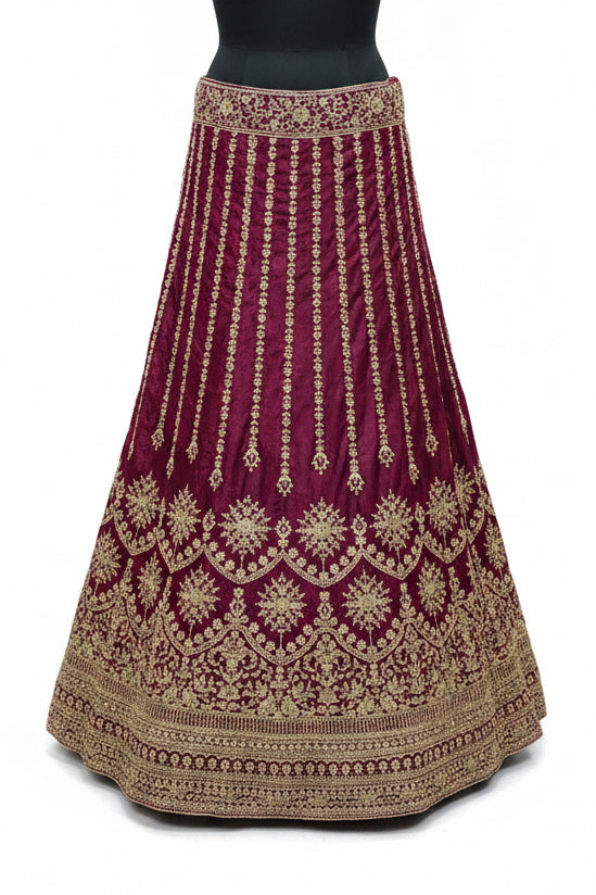 MAROON VELVET STRAPLESS LEHENGA WITH GOLD SCALLOP EMBROIDERY