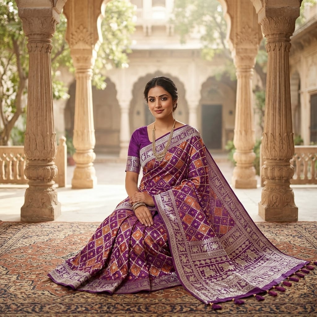 JAMUNI PURPLE BANARASI SILK SAREE WITH RUST ORANGE