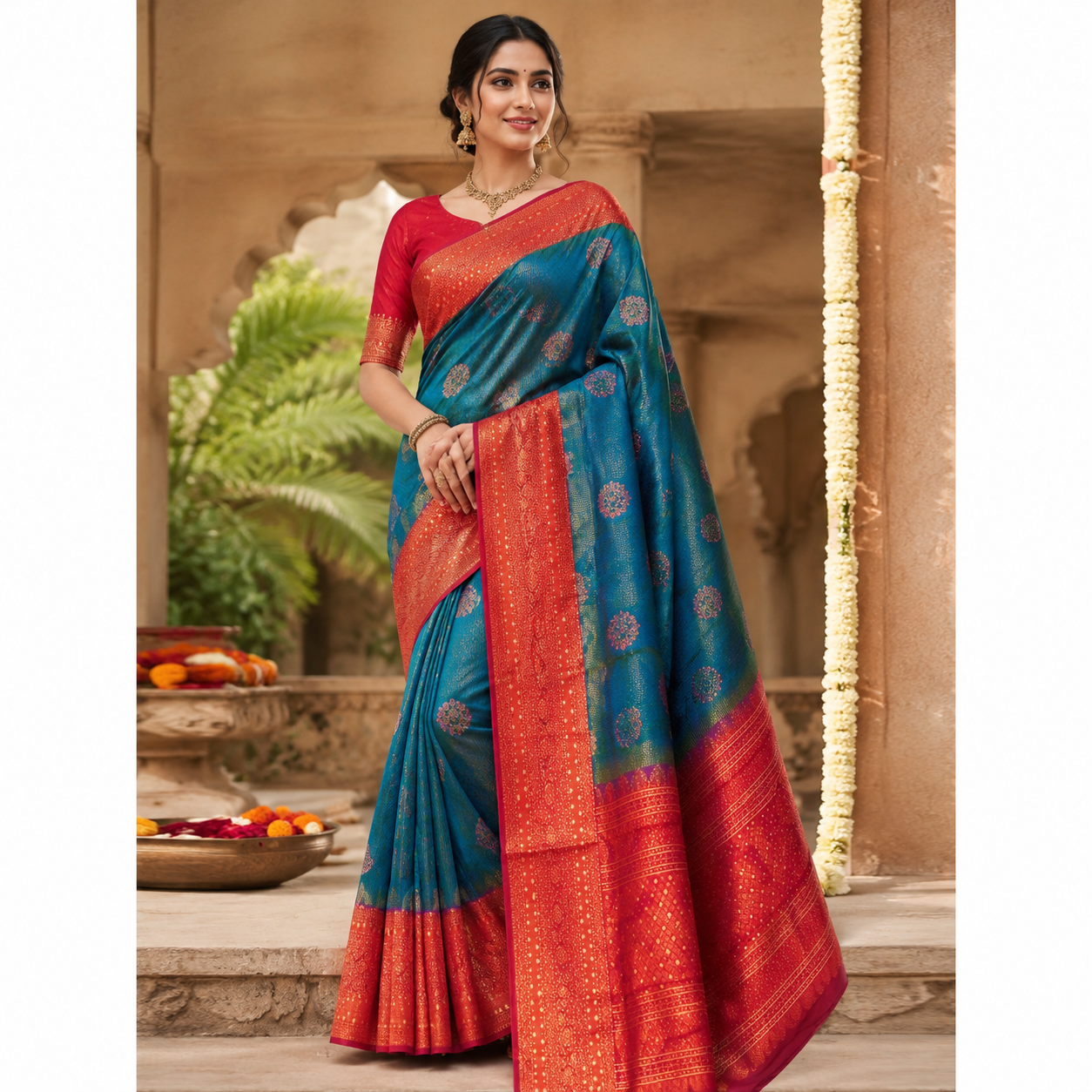 PEACOCK BLUE KUMKUM RED KANCHIPURAM SILK SAREE