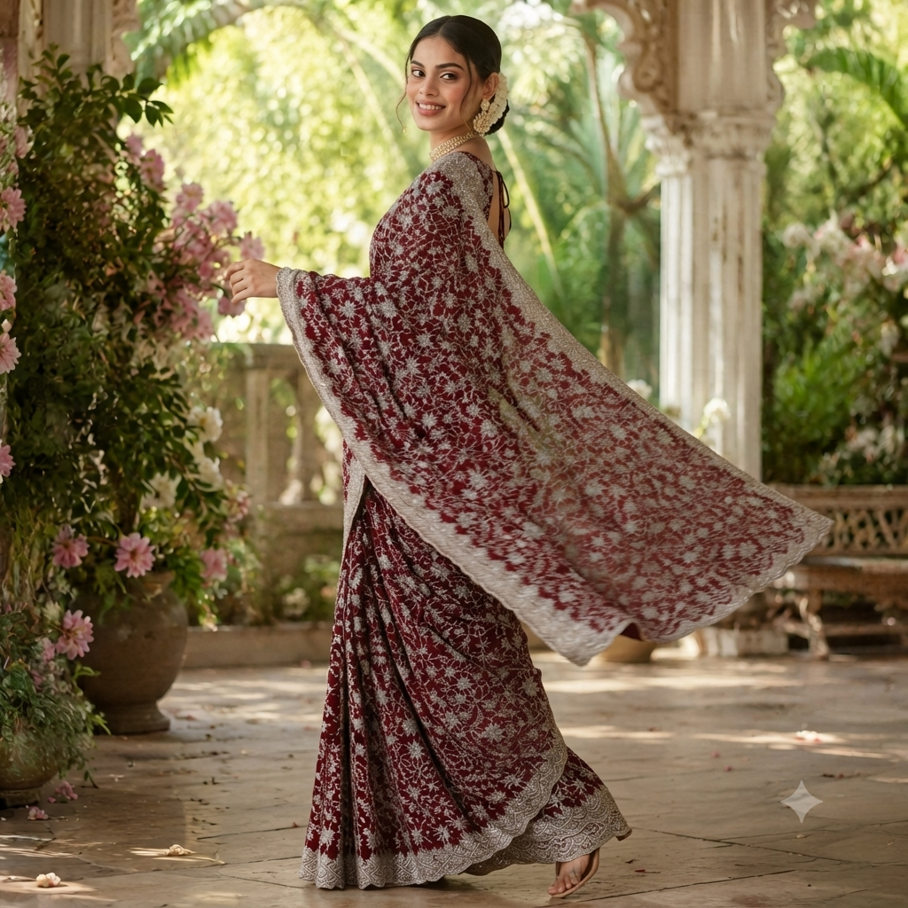 WINE SILVER CHIKANKARI SAREE