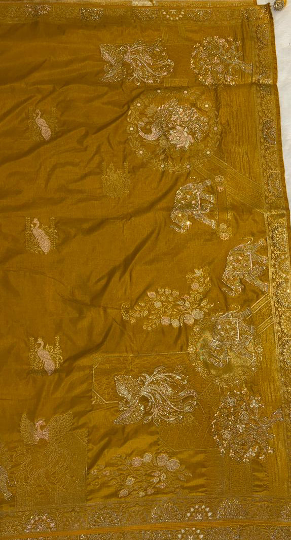 MUSTARD YELLOW BANARASI SILK SAREE WITH ELEPHANT+ PEACOCK GOLD ZARI MOTIFS