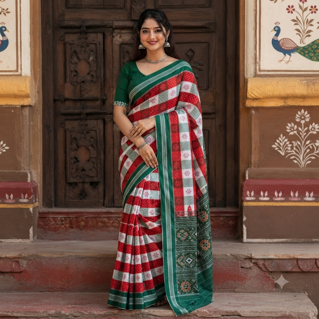 RED AND WHITE STRIPED SAMBALPURI HANDLOOM COTTON SAREE