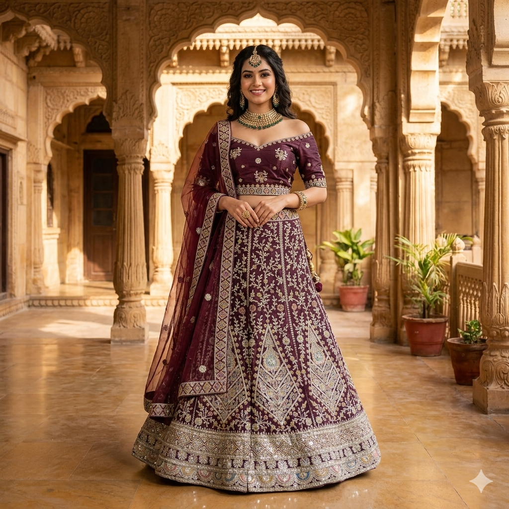 WINE MAROON LEHENGA WITH SILVER GOLD
