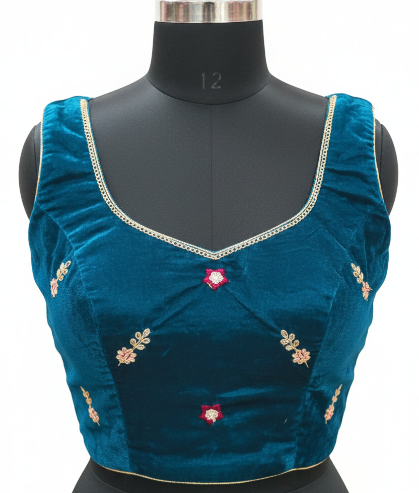 TEAL BLUE VELVET LEHENGA WITH GOLD+ PINK FLORAL EMBROIDERY