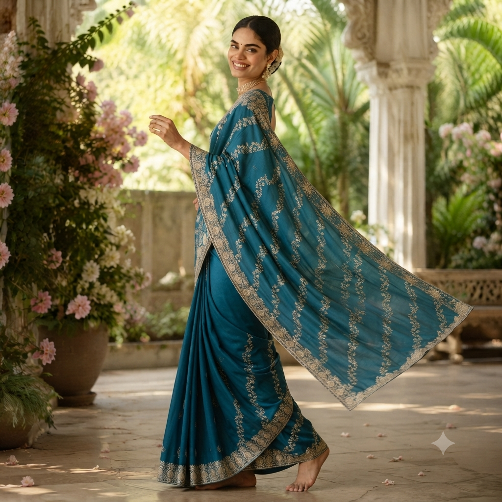 TEAL BLUE EMBROIDERED SAREE