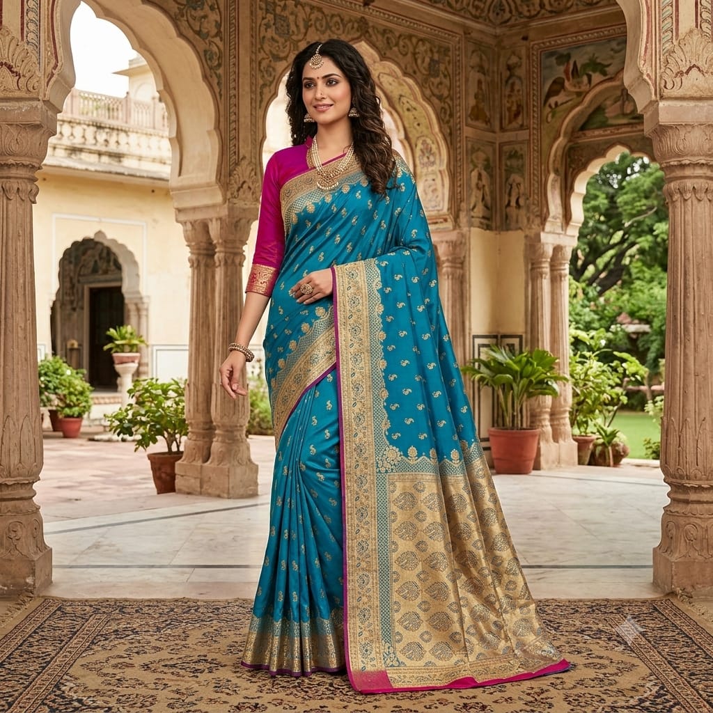 PEACOCK BLUE BANARASI SILK SAREE WITH CONTRAST MEGENTA