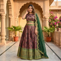 DEEP WINE LEHENGA WITH PEACOCK+ PAISLEY BUTI WORK+ THAT RICH OLIVE GREEN BORDER