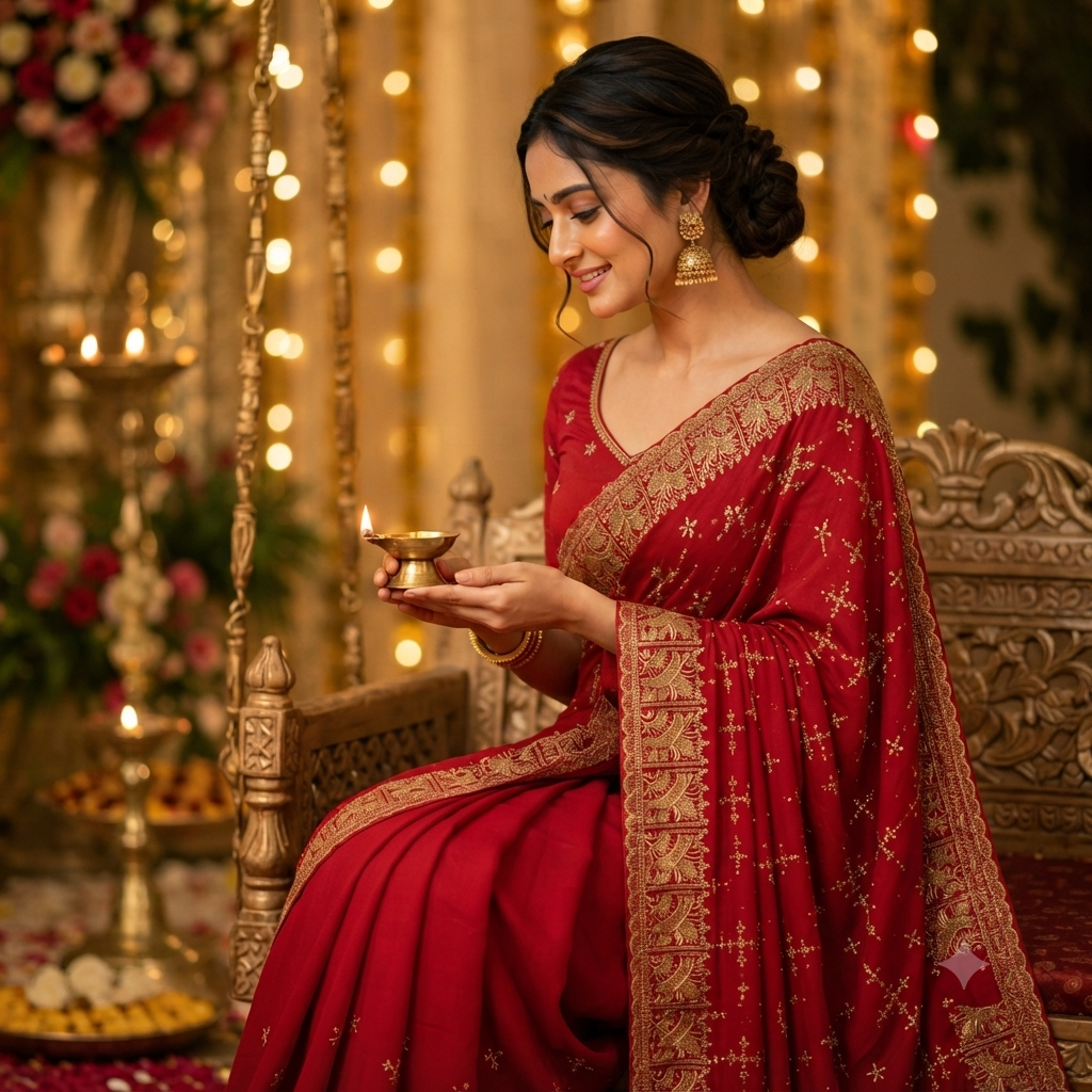 RED GEORGETTE SAREE WITH GOLD ZARI+ SEQUIN EMBROIDERY