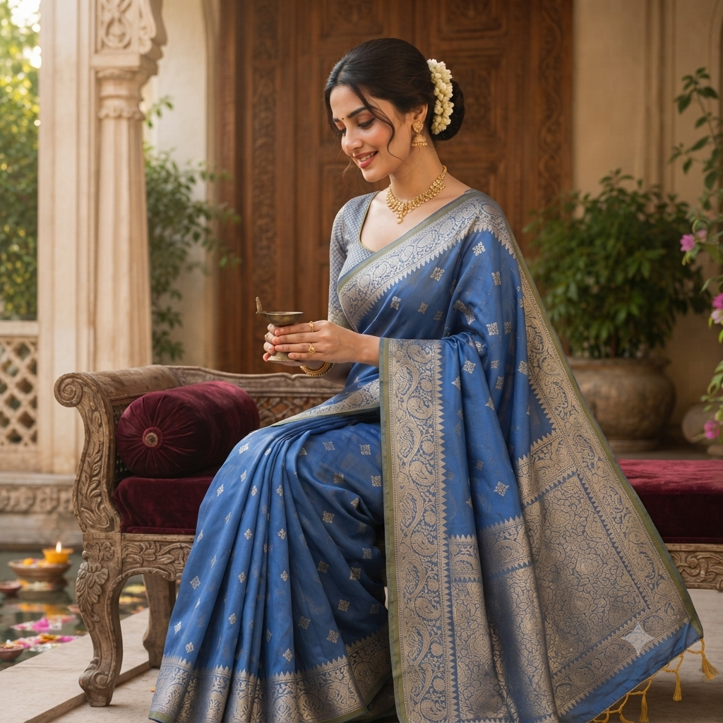 ROYAL BLUE BANARASI SILK SAREE WITH SILVER ZARI BORDER