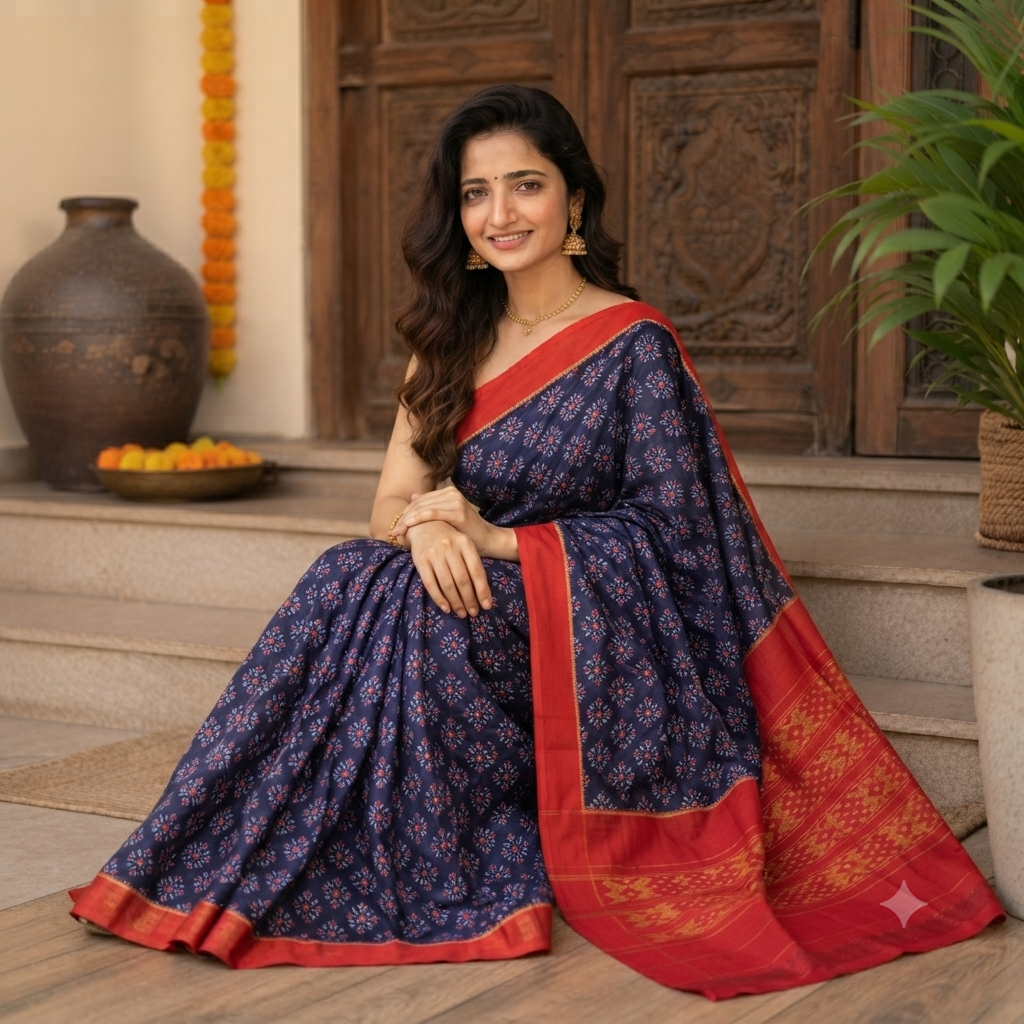 ROYAL BLUE BANDHANI -PRINT SAMBALPURI HANDLOOM COTTON SAREE