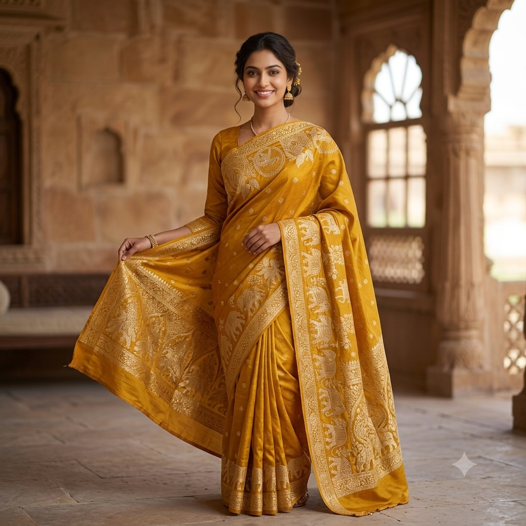 MUSTARD YELLOW BANARASI SILK SAREE WITH ELEPHANT+ PEACOCK GOLD ZARI MOTIFS