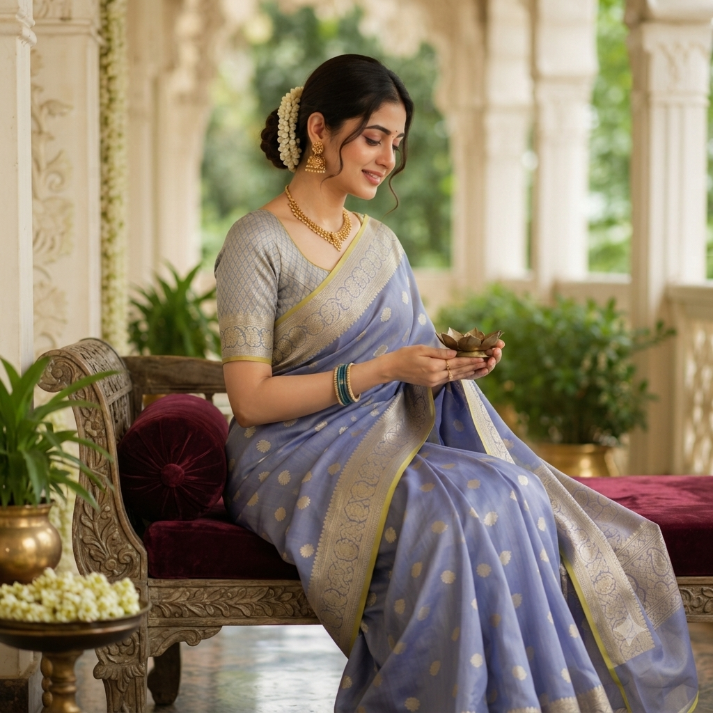 PERIWINKLE BLUE BANARASI SILK SAREE WITH GOLD ZARI BORDER