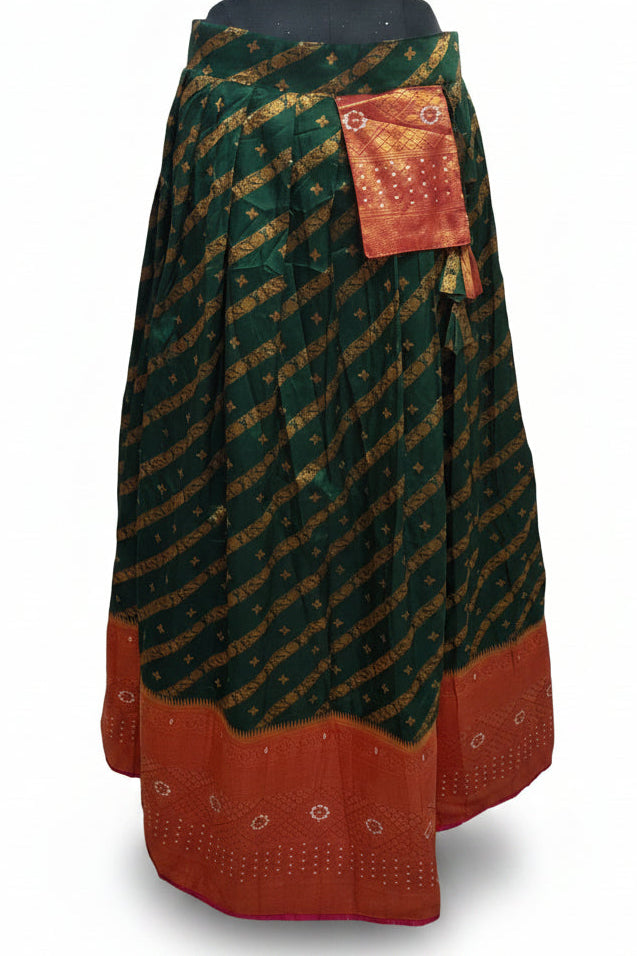 BOTTLE GREEN LEHENGA WITH GOLD ZARI  STRIPES WITH RED-ORANGE KANJIVARAM BORDER