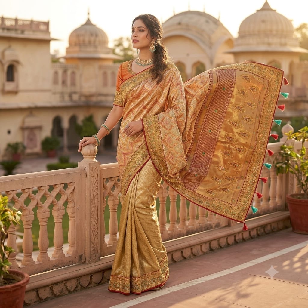 POWDER BLUE BANARASI SILK SAREE WITH BURNT ORANGE