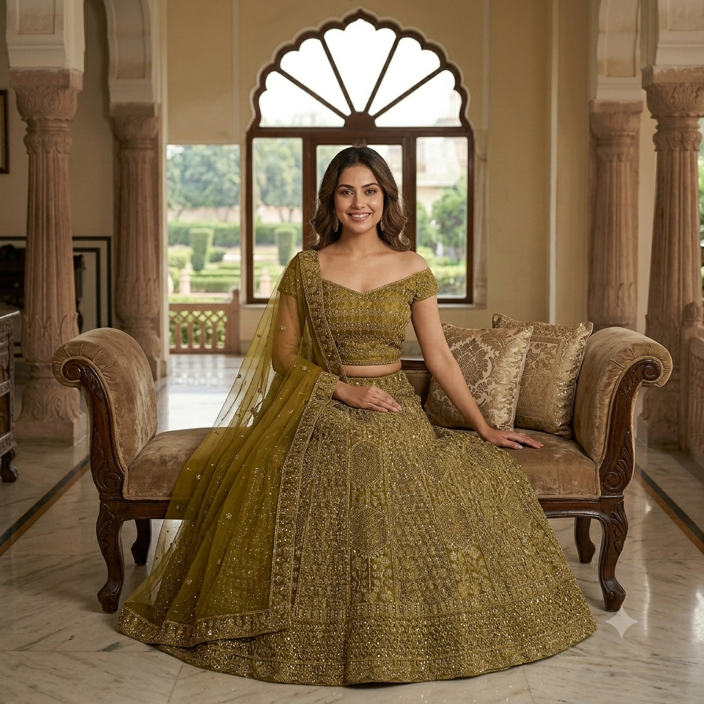 OLIVE GREEN LEHENGA WITH ALL- OVER GOLD ZARI WORK