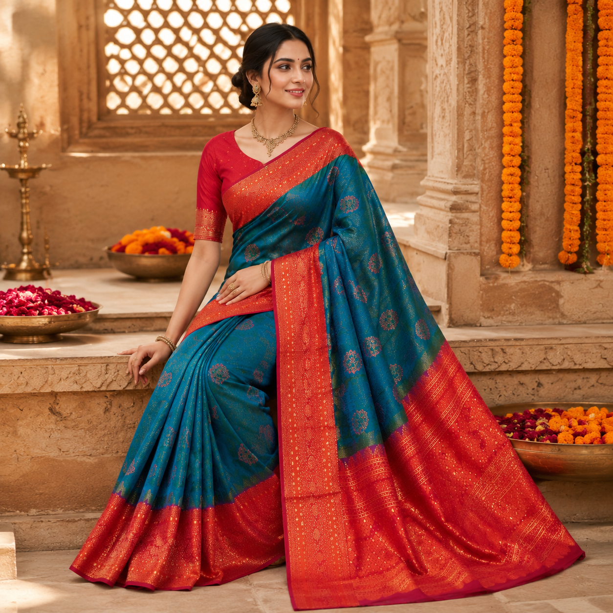 PEACOCK BLUE KUMKUM RED KANCHIPURAM SILK SAREE