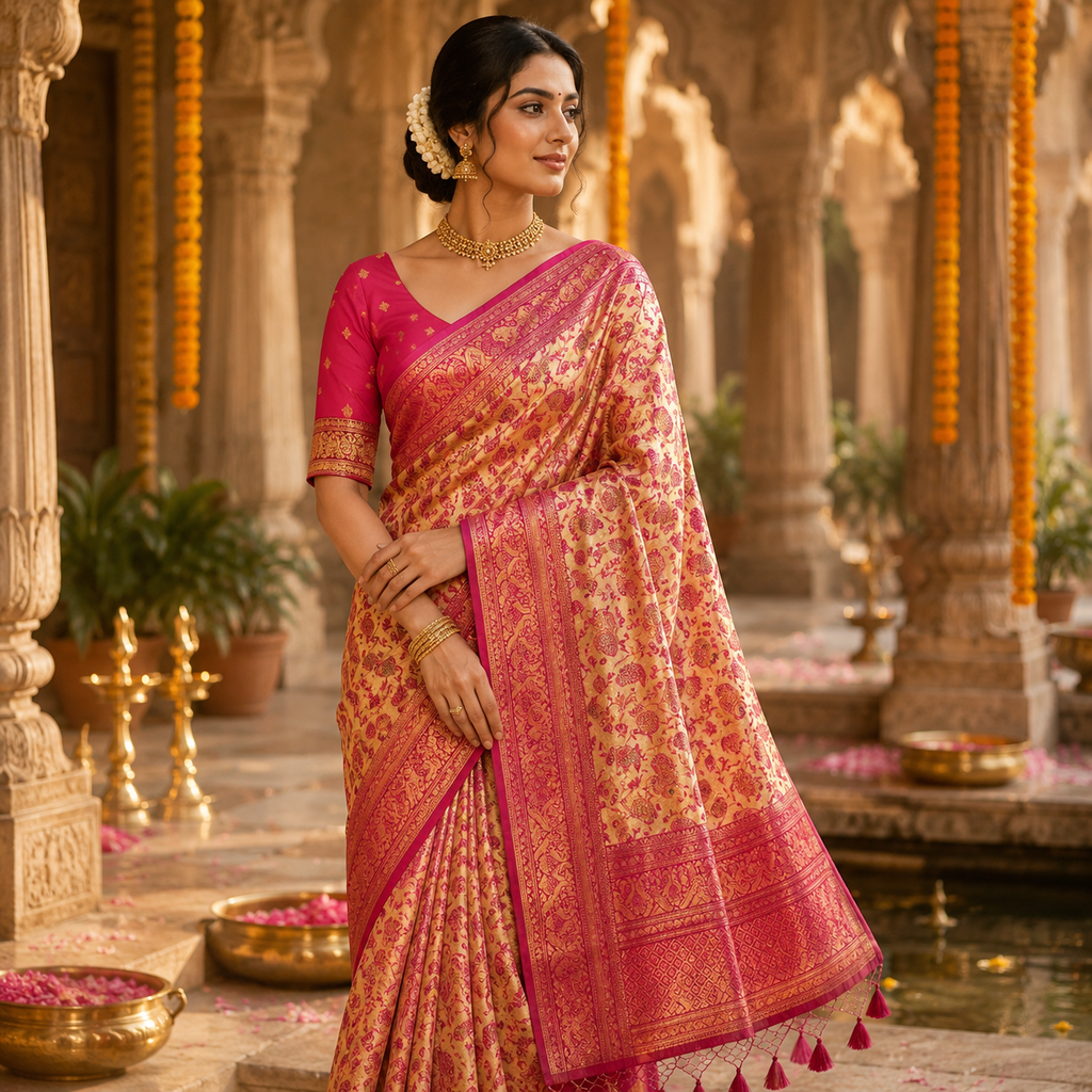 MUSTARD GOLD  PINK BANARASI SILK SAREE
