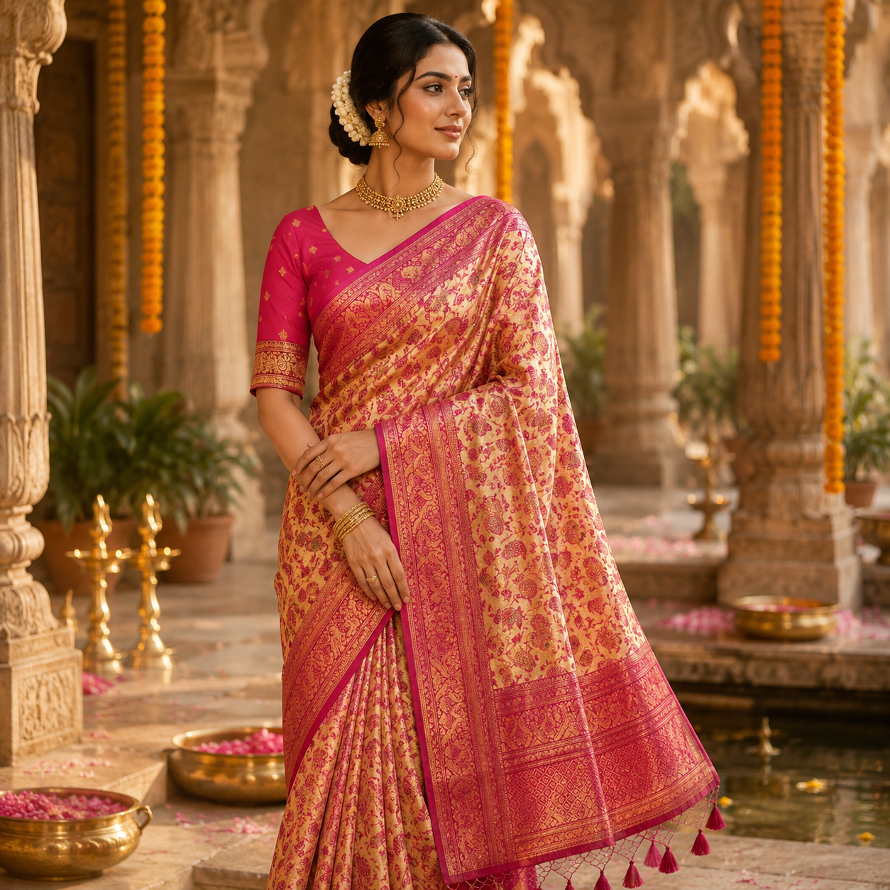 MUSTARD GOLD  PINK BANARASI SILK SAREE