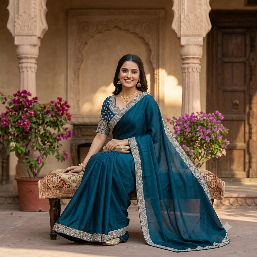 TEAL BLUE SATIN SAREE WITH HEAVY SILVER ZARI BORDER