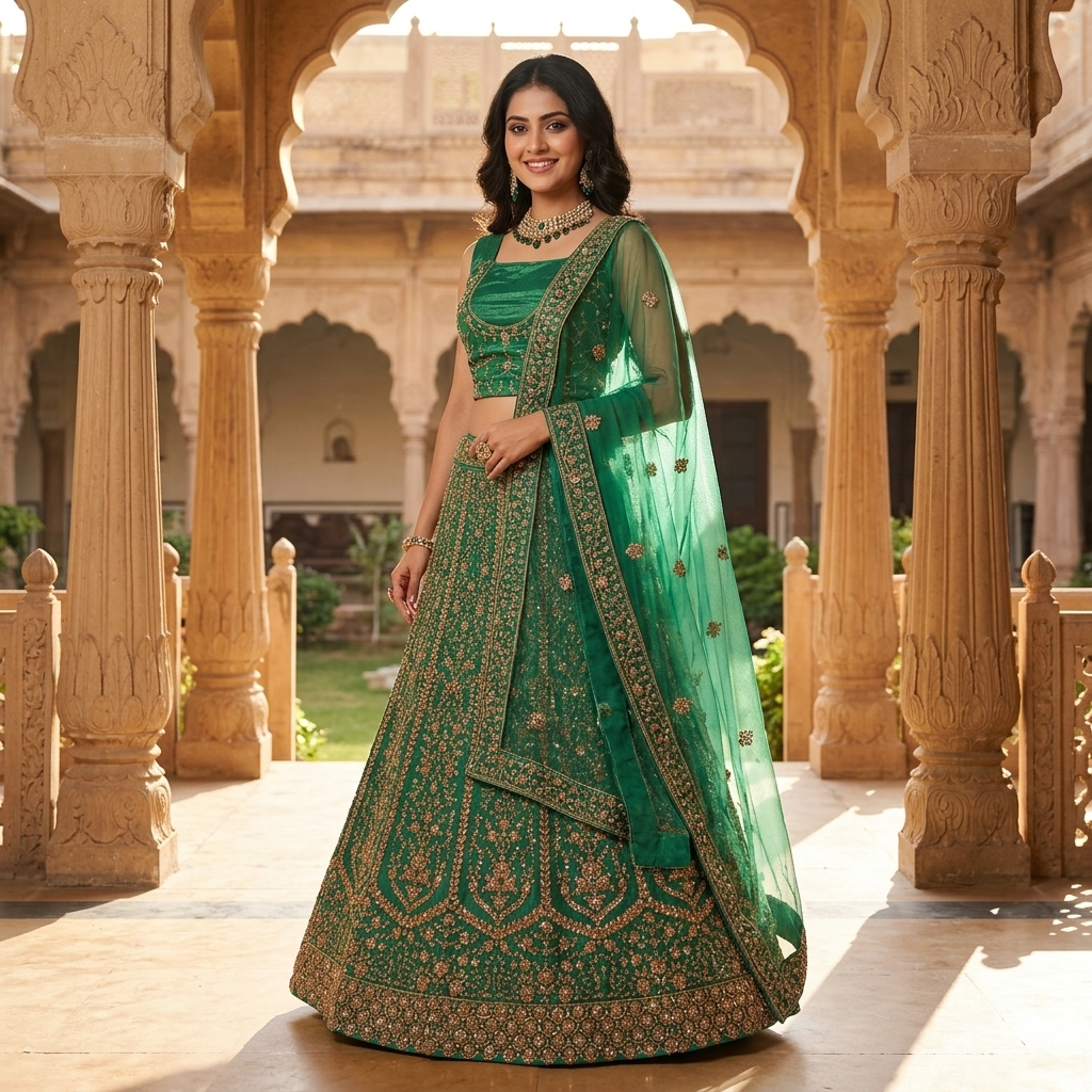 EMERALD GREEN LEHENGA WITH GOLD ZARI WORK