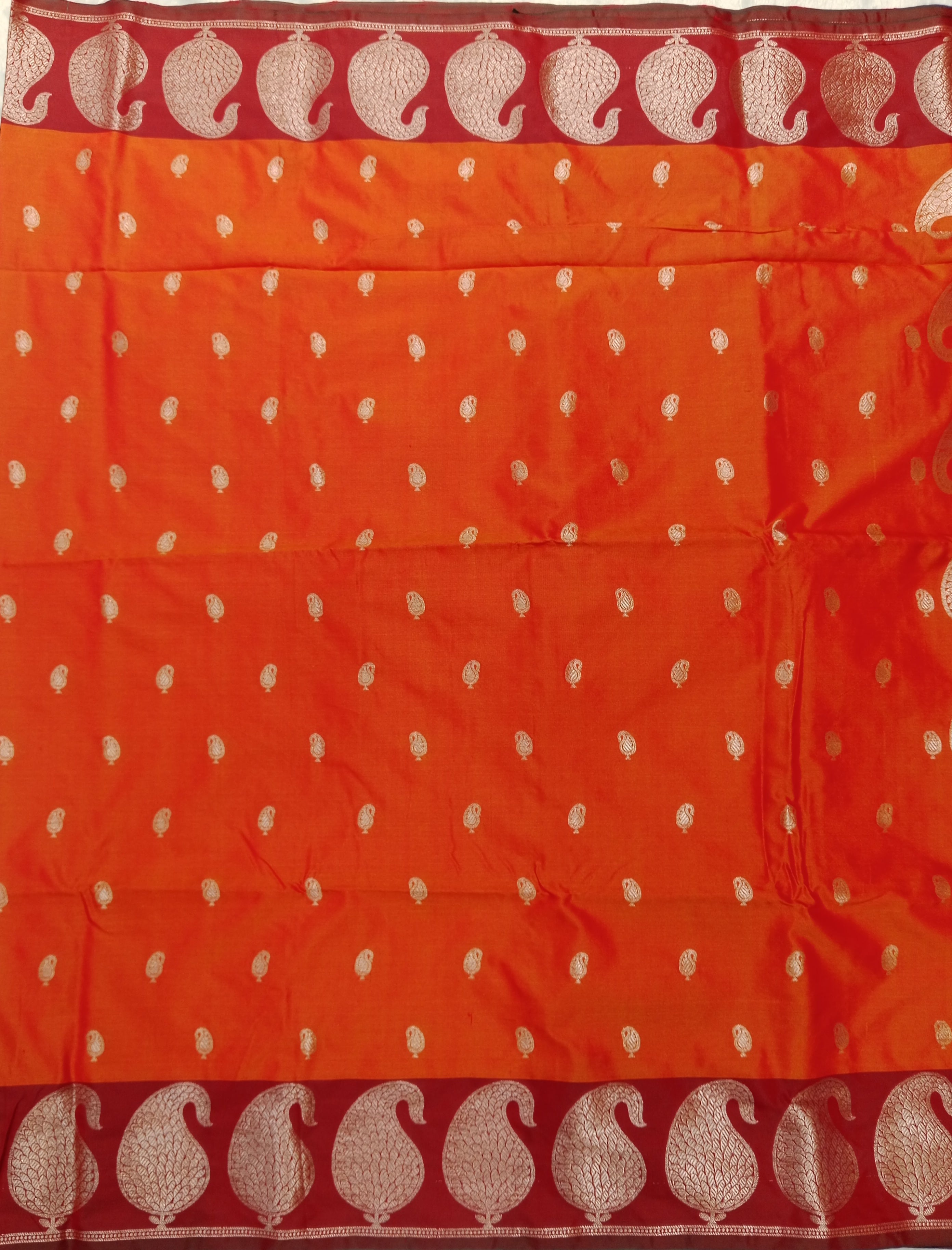 TANGERINE ORANGE BANARASI SILK SAREE WITH MAROON PAISLEY BORDER