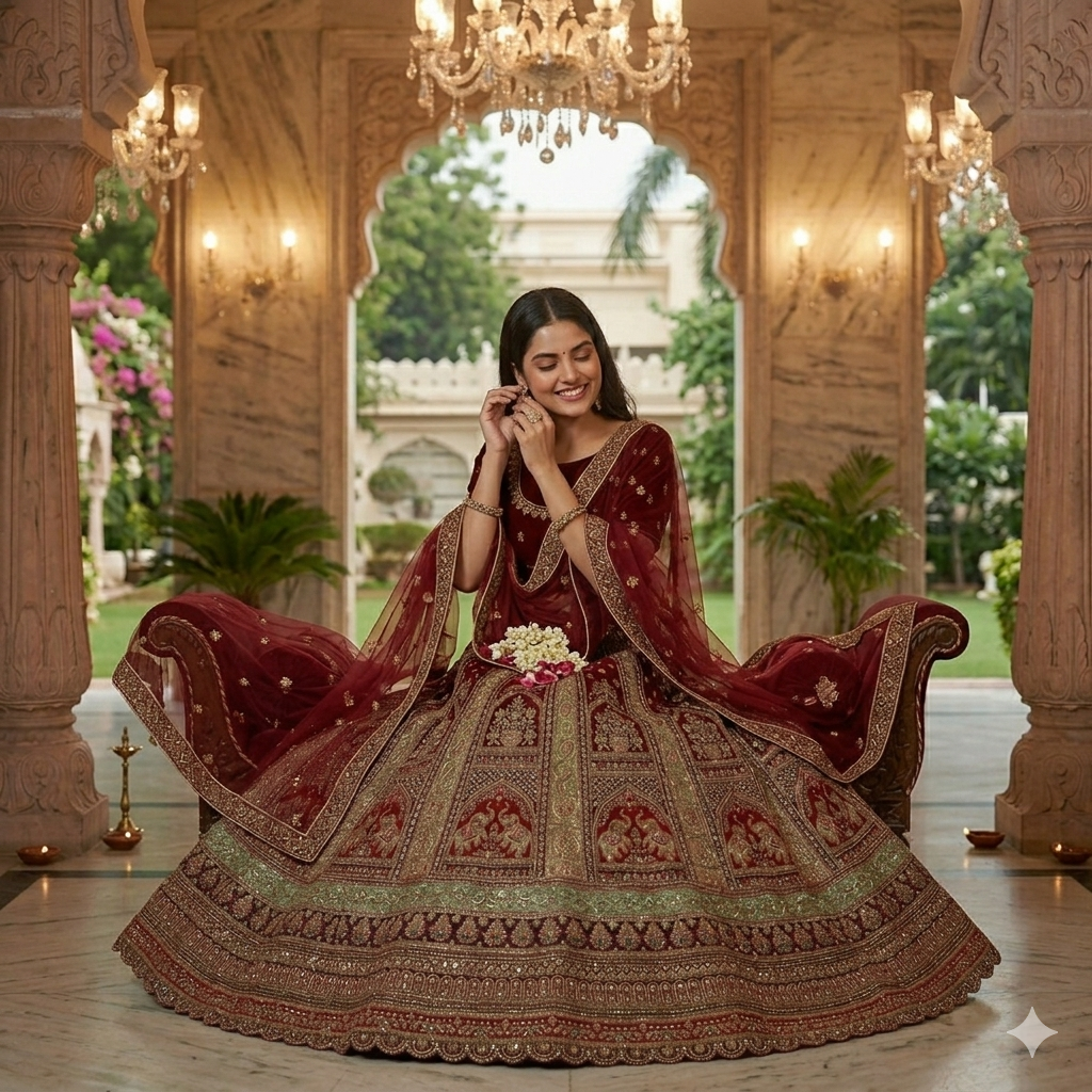 WINE MAROON ROYAL VELVET LEHENGA