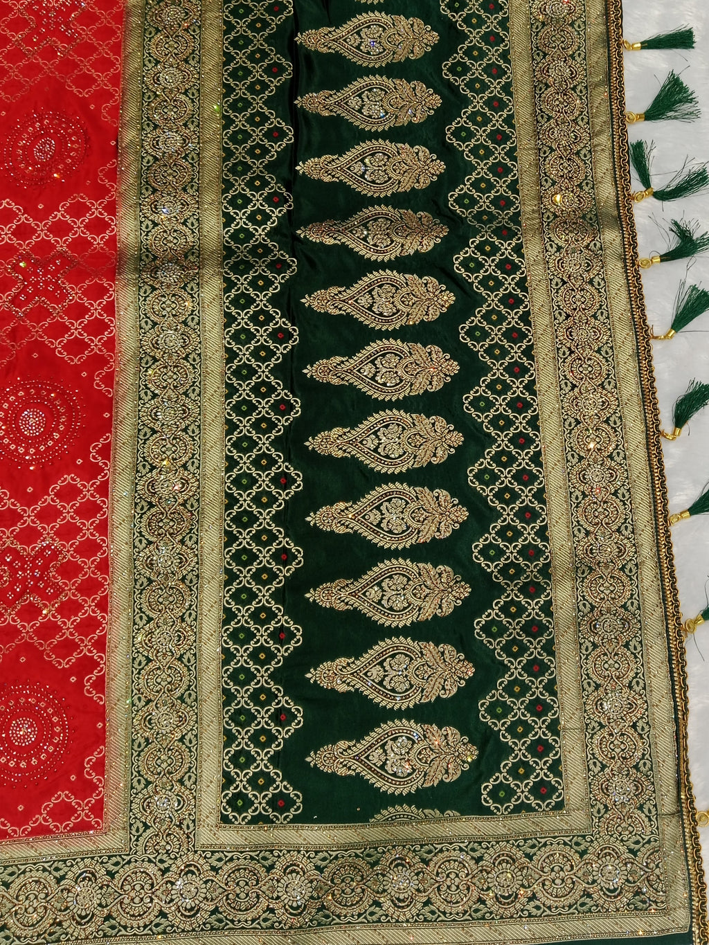 TOMATO  RED BANDHANI PRINT BANARASI SILK SAREE