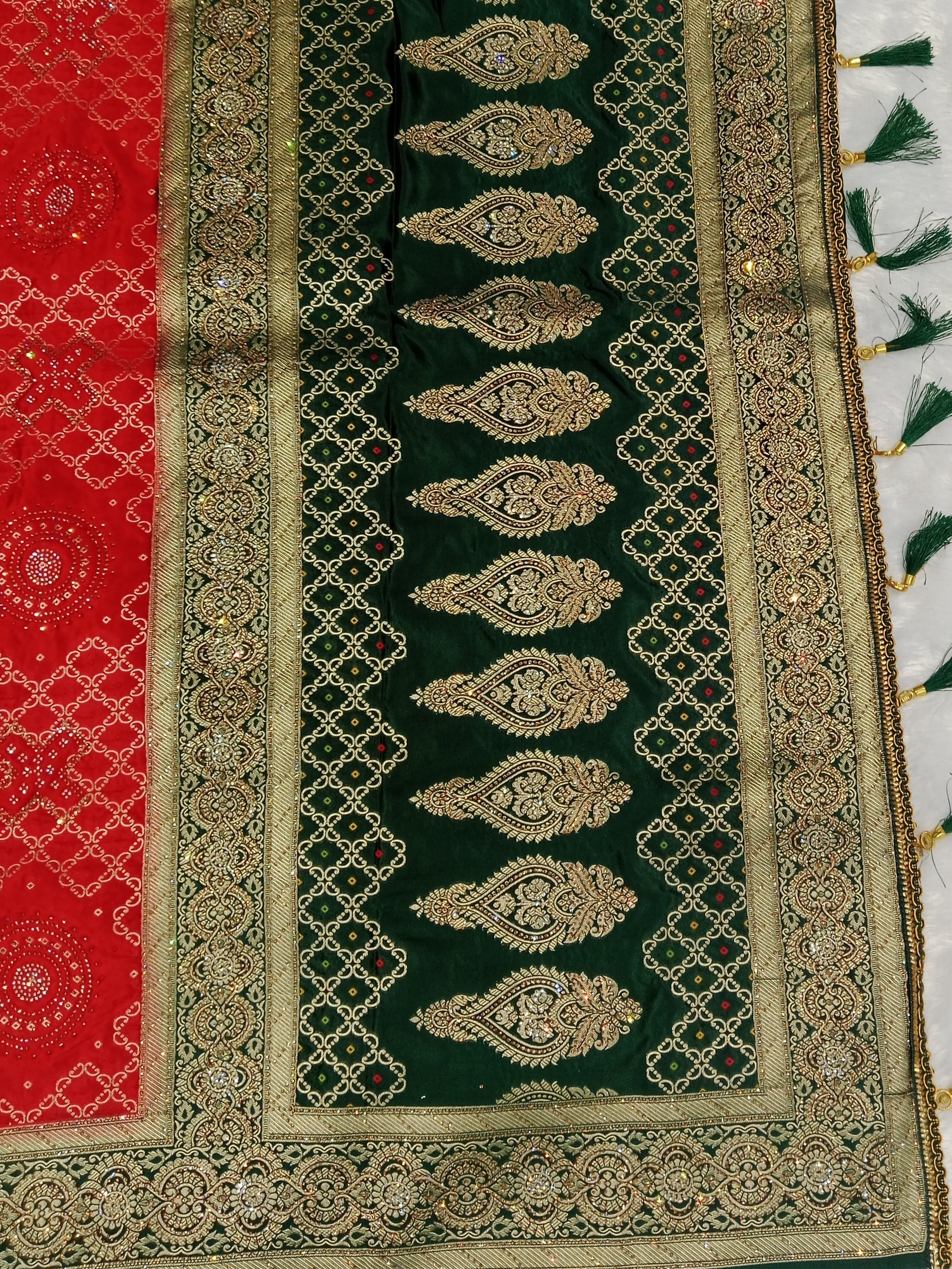 TOMATO  RED BANDHANI PRINT BANARASI SILK SAREE