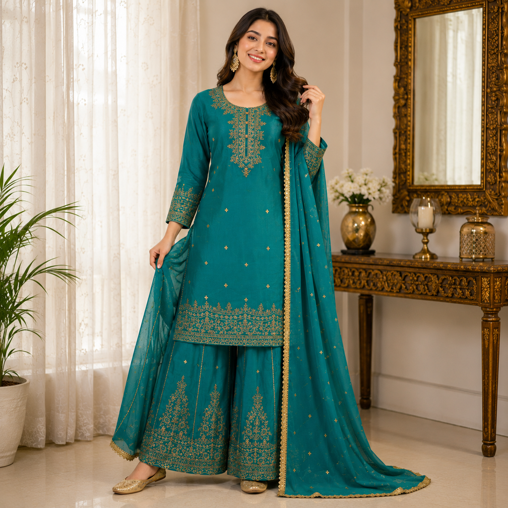 PEACOCK BLUE REGAL SHARARA