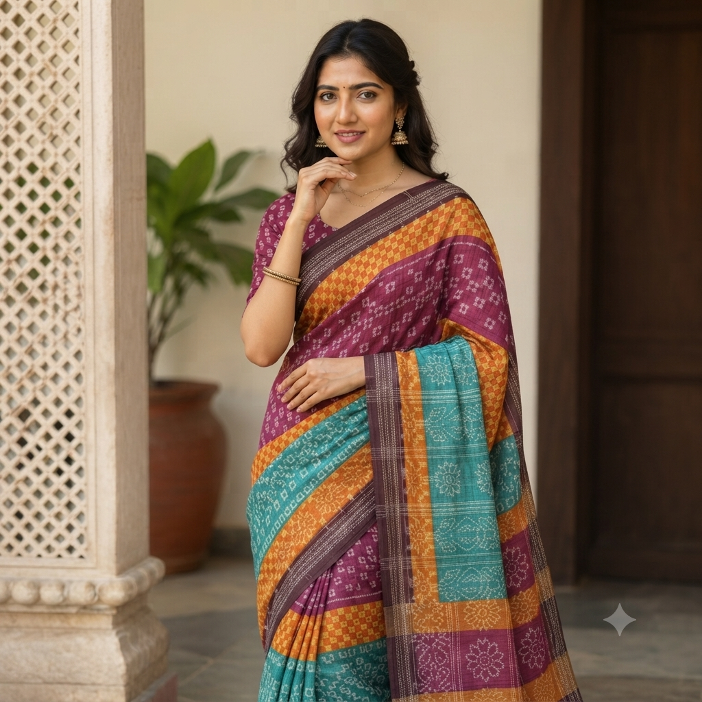 MAGENTA, MUSTARD YELLOW AND TURQUOISE BANDHANI PRINT SAMBALPURI HANDLOOM COTTON SAREE