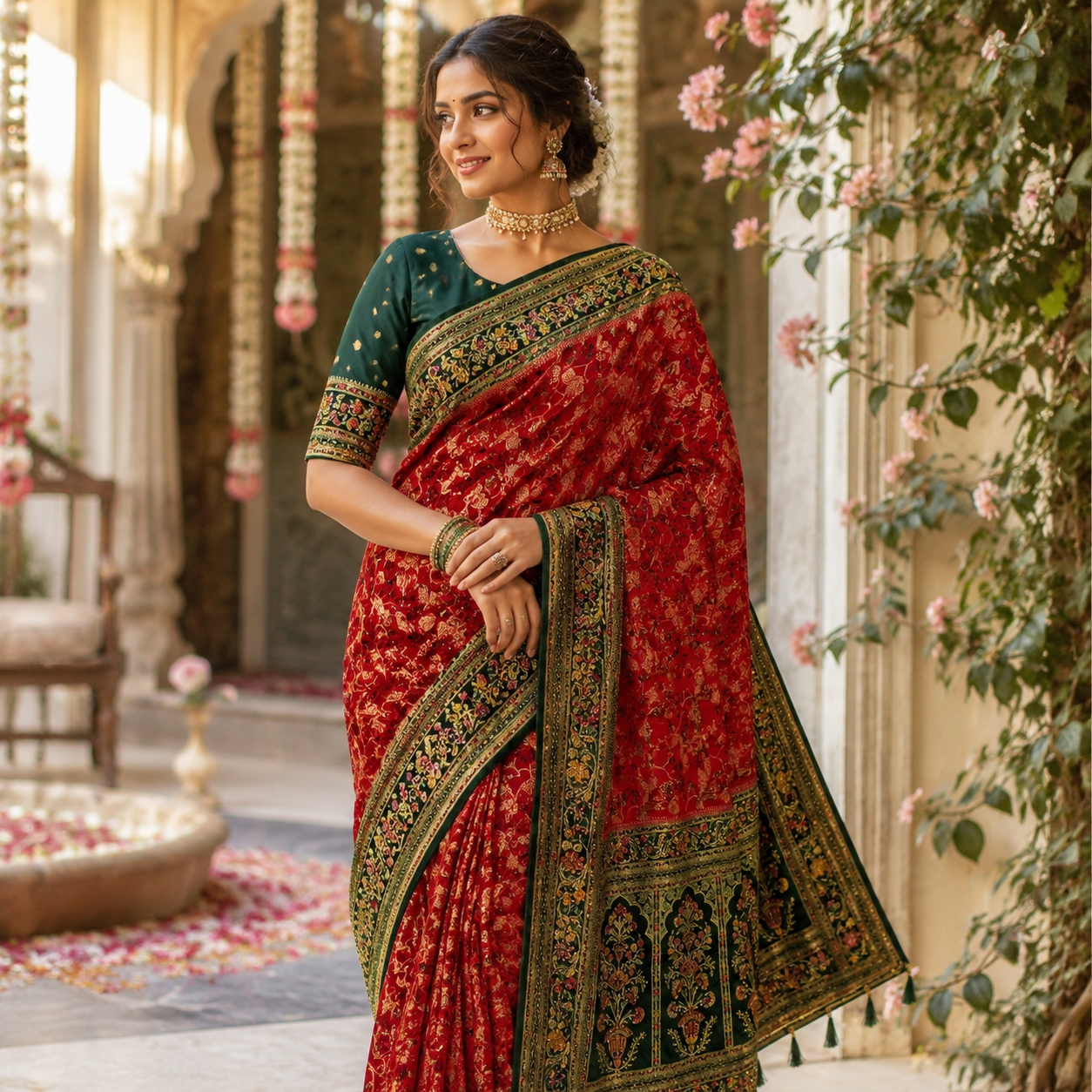 SINDOORI RED BOTTLE GREEN BANARASI SILK SAREE