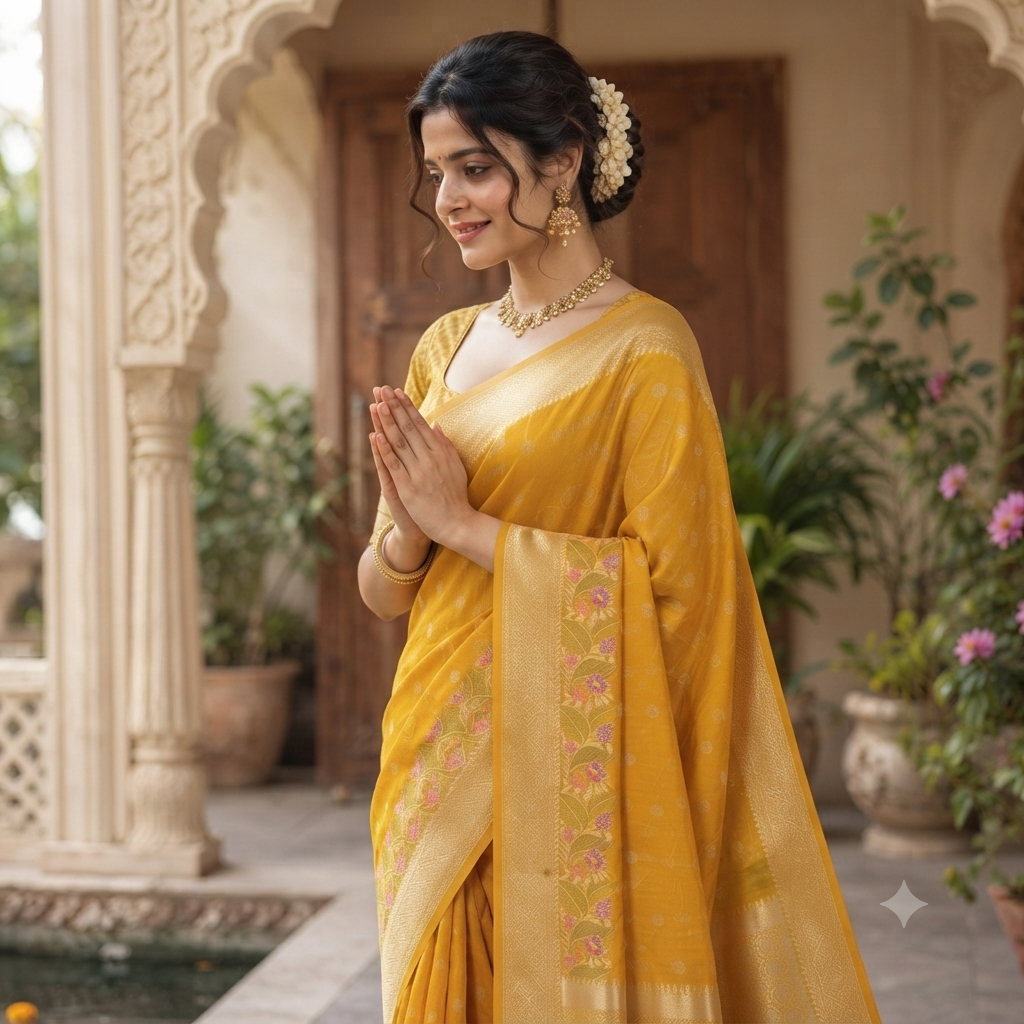 MUSTARD YELLOW BANARASI CHANDERI SILK SAREE