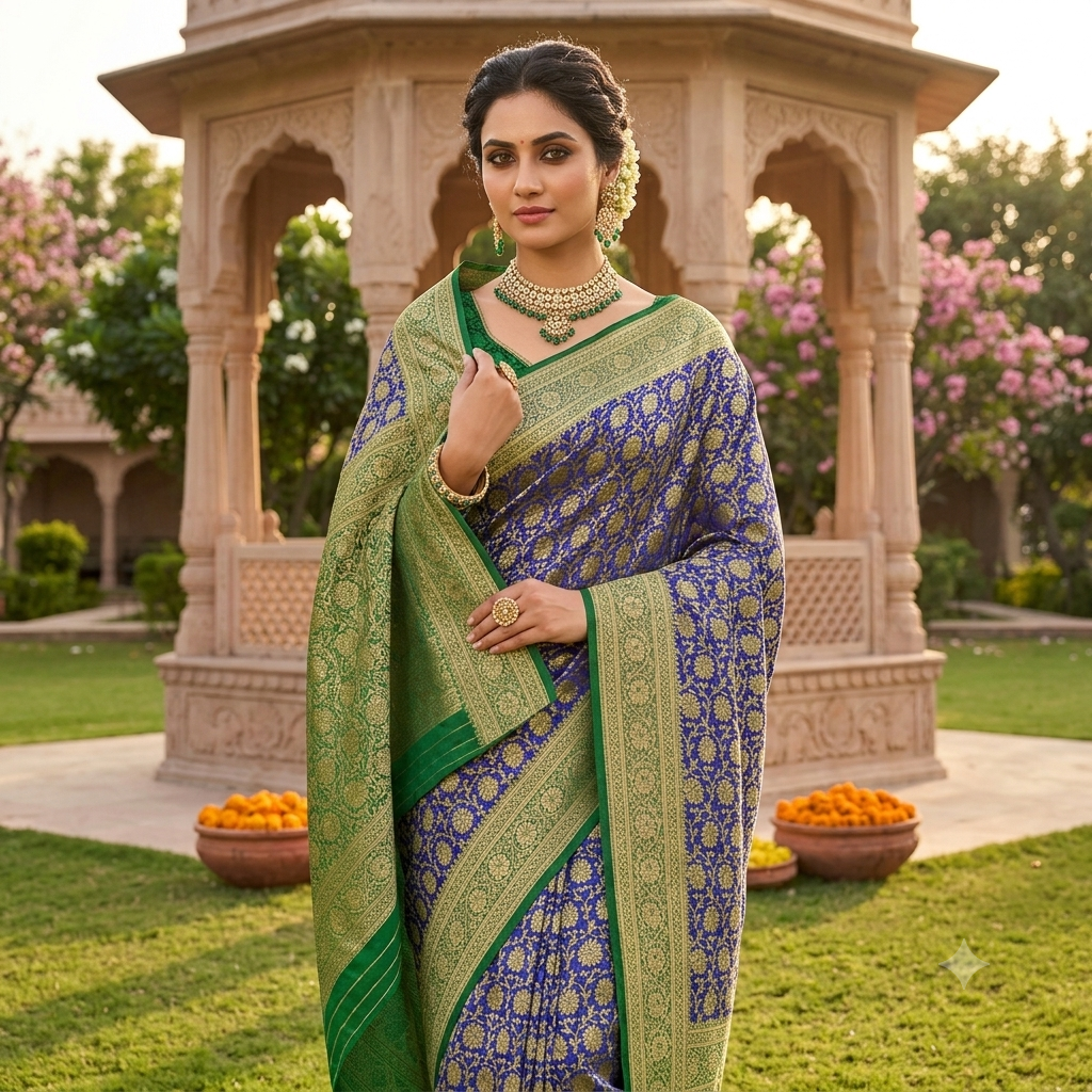 ROYAL BLUE BANARASI SILK SAREE WITH CONTRAST EMERALD GREEN