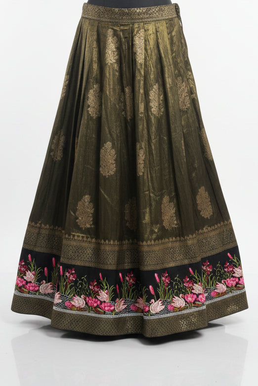OLIVE GREEN LEHENGA WITH THOSE BRIGHT PINK + LOTUS FLORAL BORDER