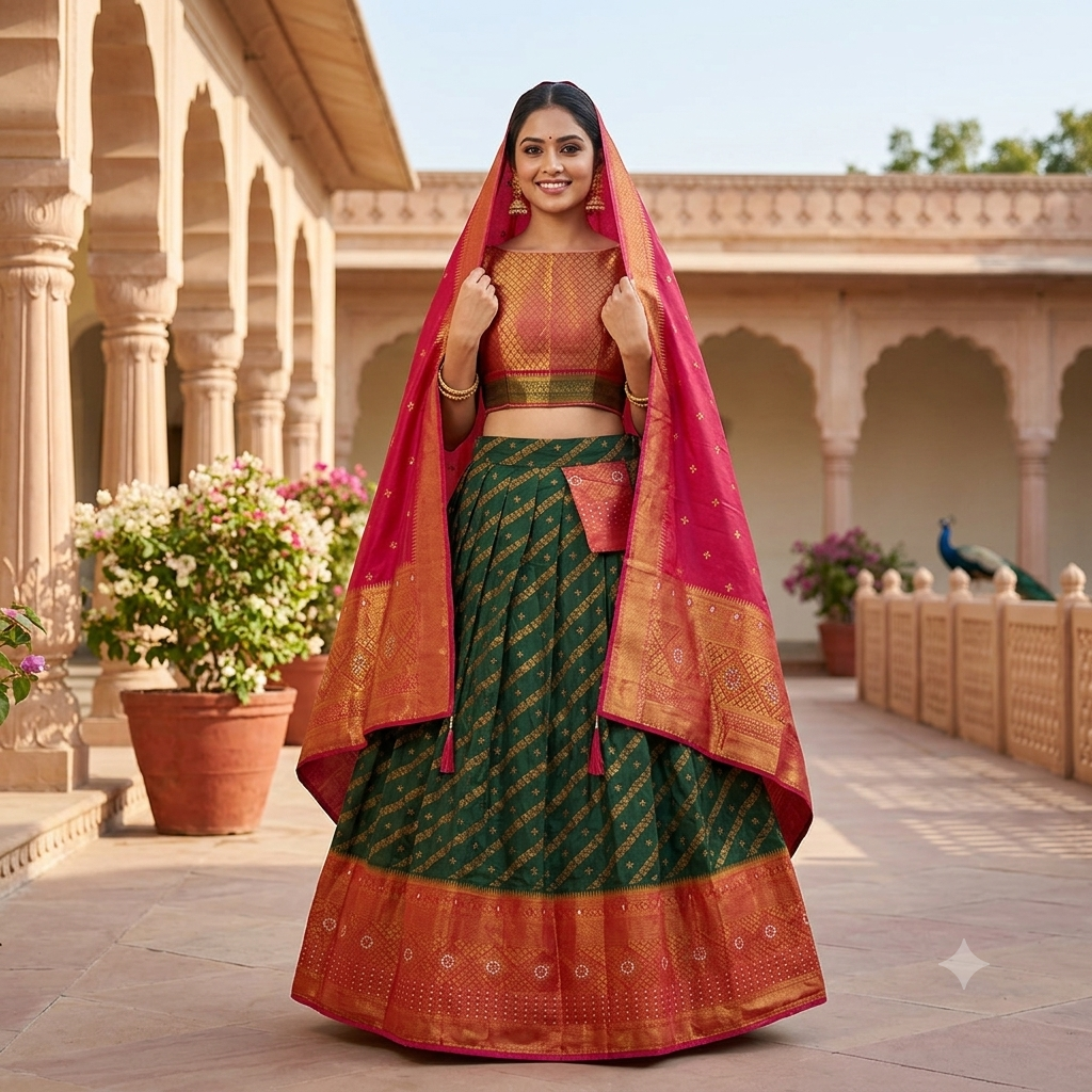 BOTTLE GREEN LEHENGA WITH GOLD ZARI  STRIPES WITH RED-ORANGE KANJIVARAM BORDER