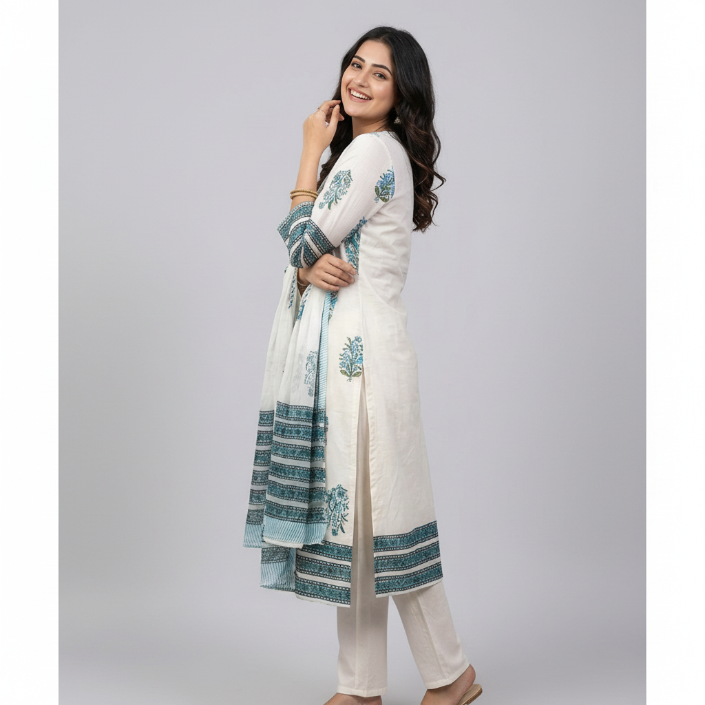 WHITE PURE MAL COTTON PRINTED KURTI SET