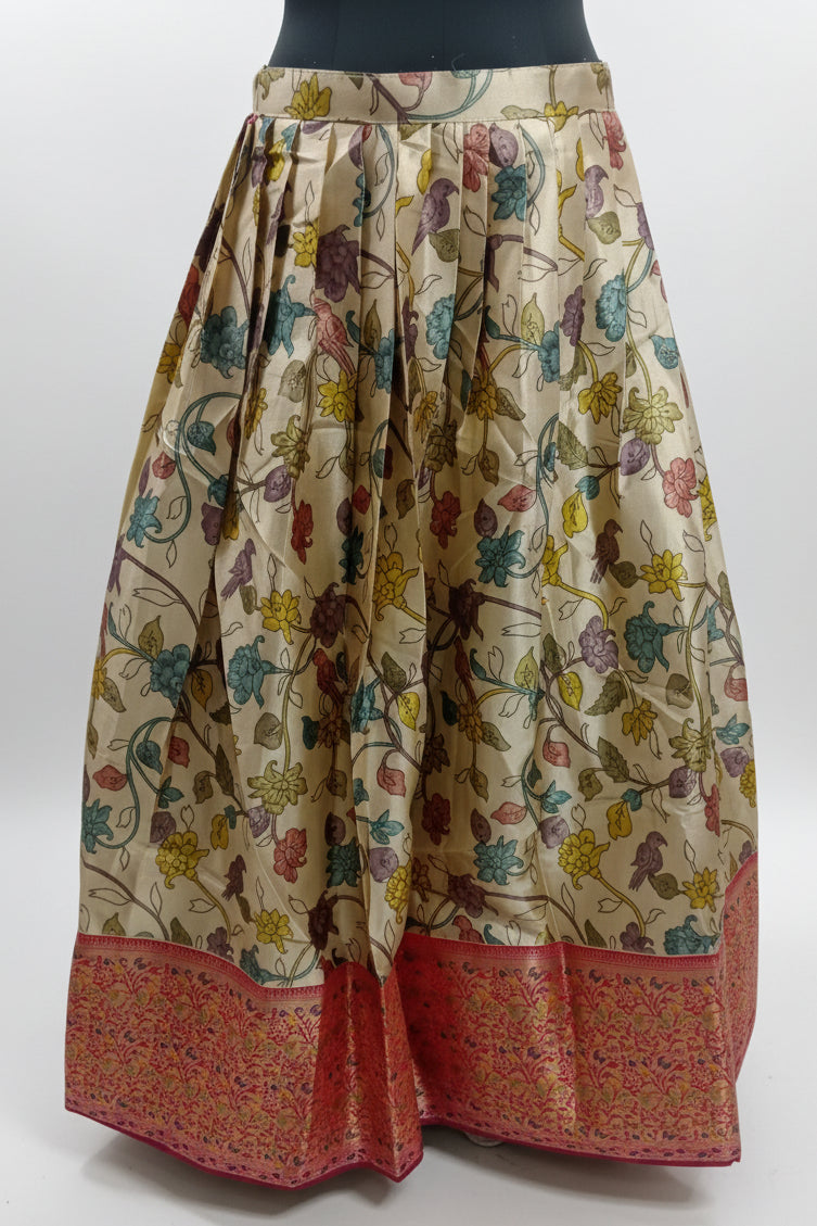 CREAM BASE LEHENGA WITH MULTICOLOUR FLORAL JAAL+ THAT BROAD RED- ORANGE ZARI BORDER