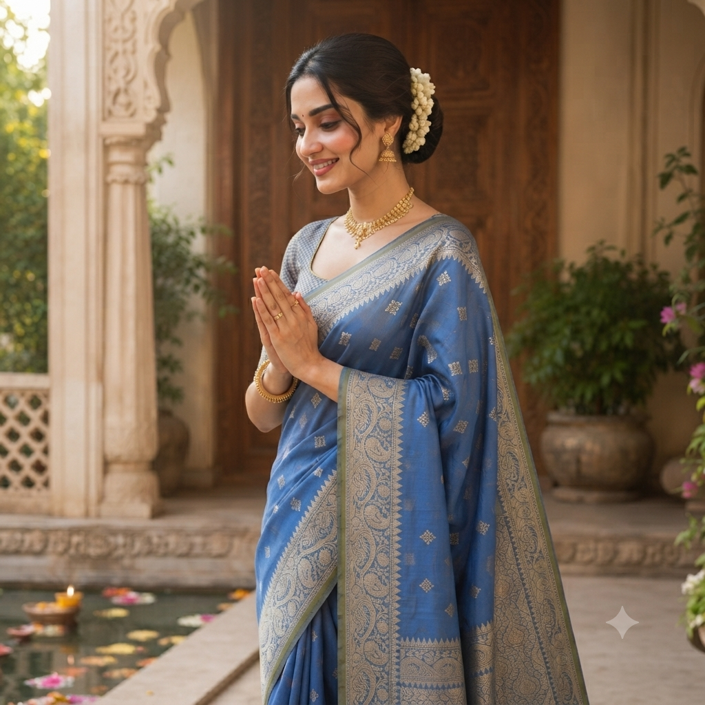 ROYAL BLUE BANARASI SILK SAREE WITH SILVER ZARI BORDER
