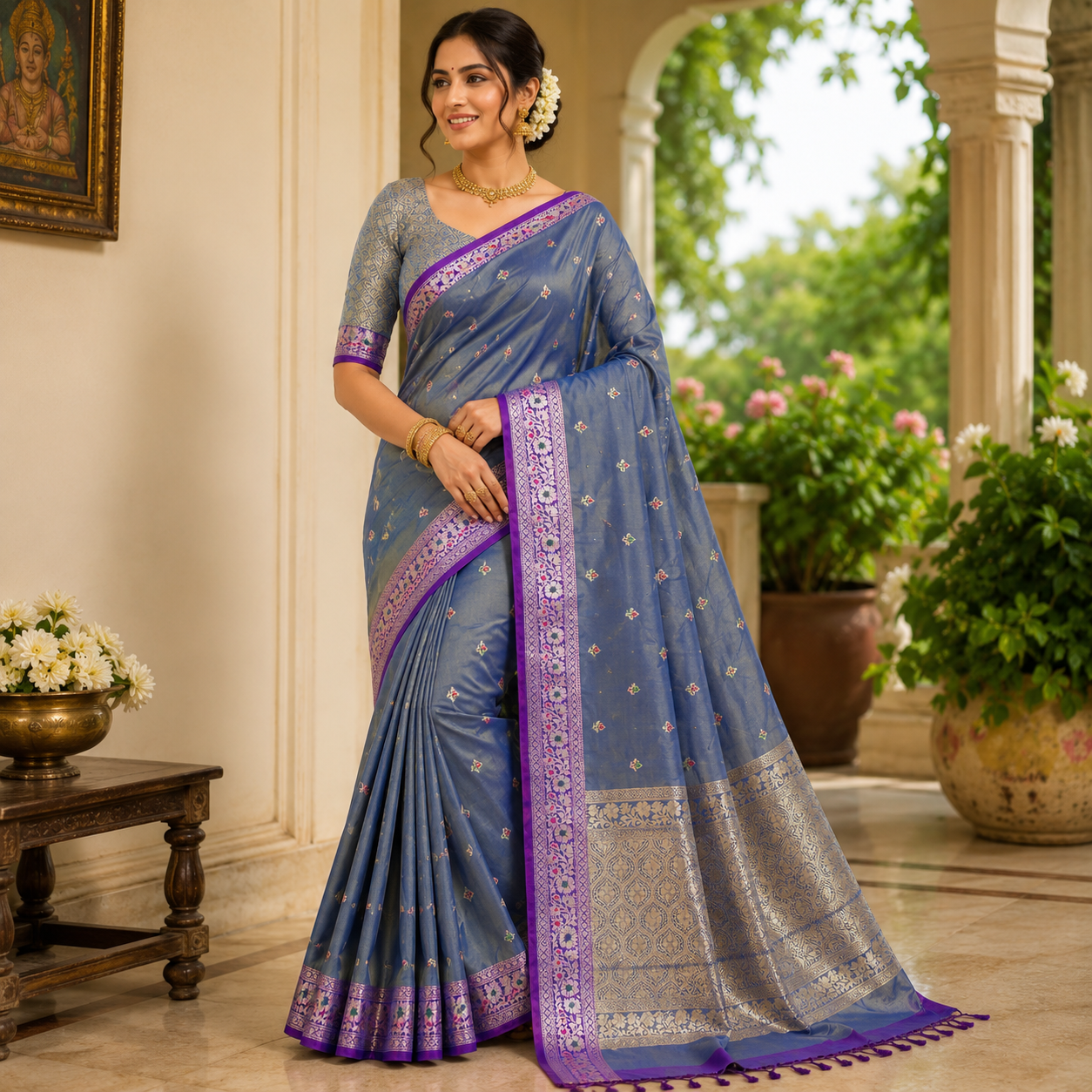 DUSTY BLUE BANARASI TISSUE SILK SAREE