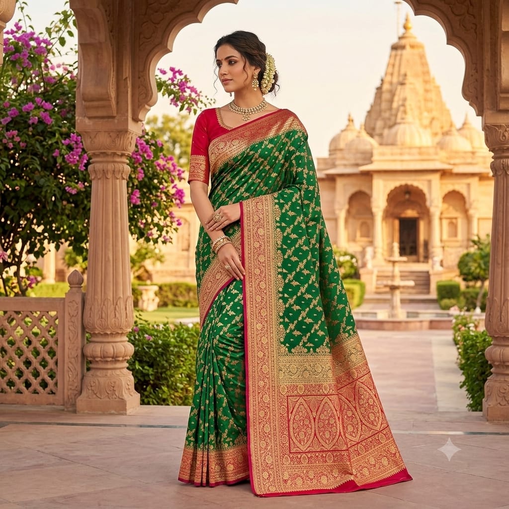 EMERALD GREEN BANARASI SILK SAREE WITH RANI PINK CONTRAST