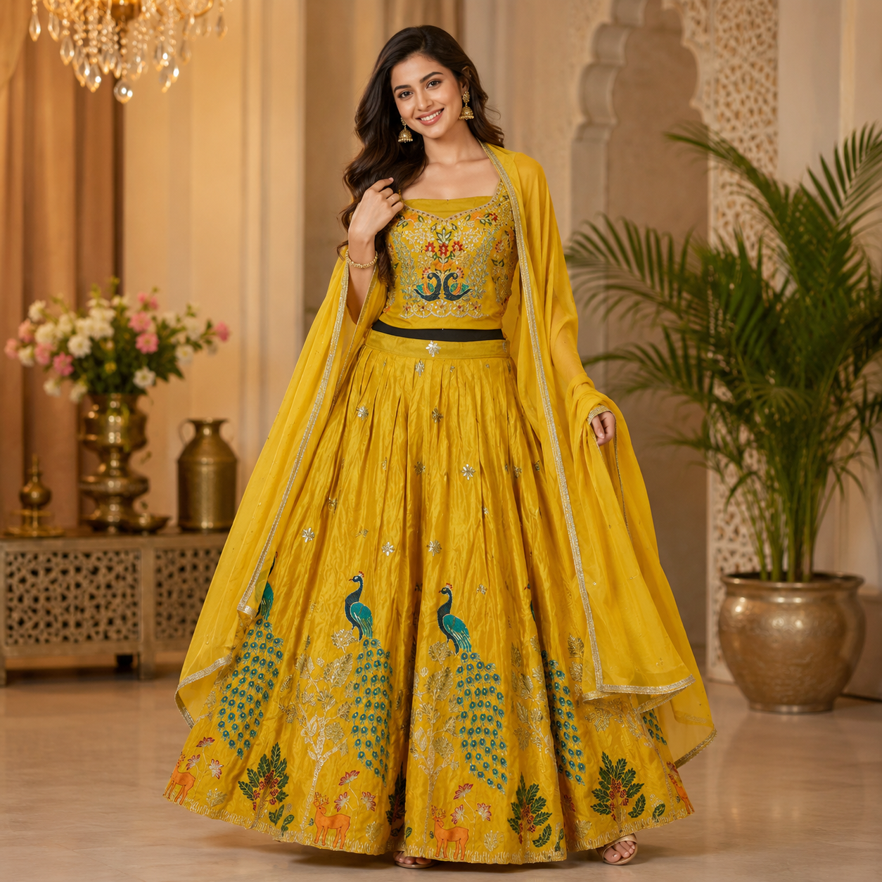 SUNSHINE YELLOW LEHENGA WITH PEACOCK+ FLORAL EMBROIDERY