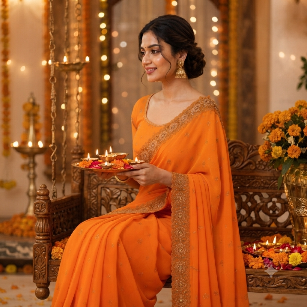 BRIGHT TANGERINE GEORGETTE SAREE WITH ZARI+ CUTDANA BORDER WORK
