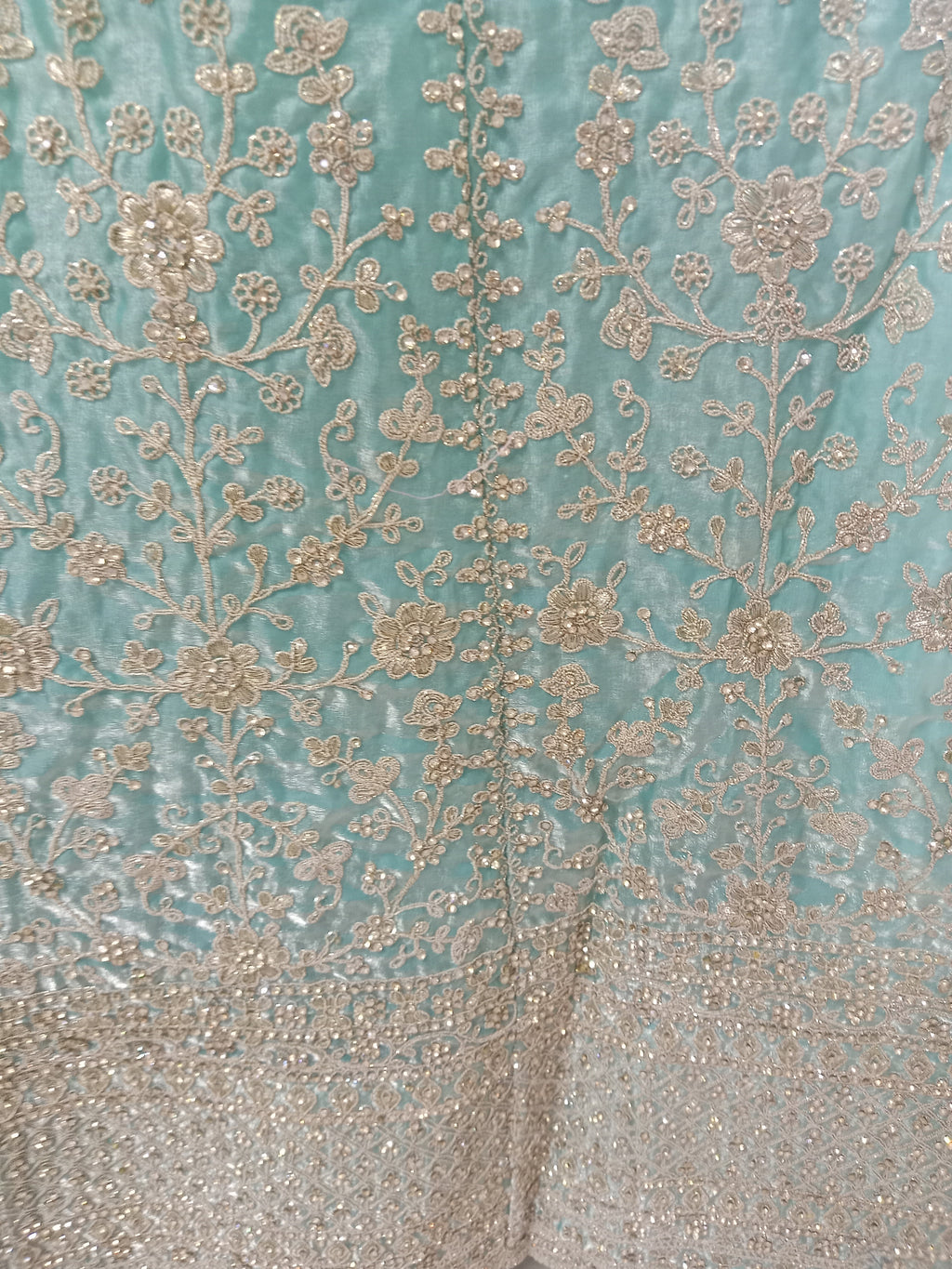 SEAFOAM GREEN LEHENGA WITH GOLD ZARI+ SCALLOPED BORDER