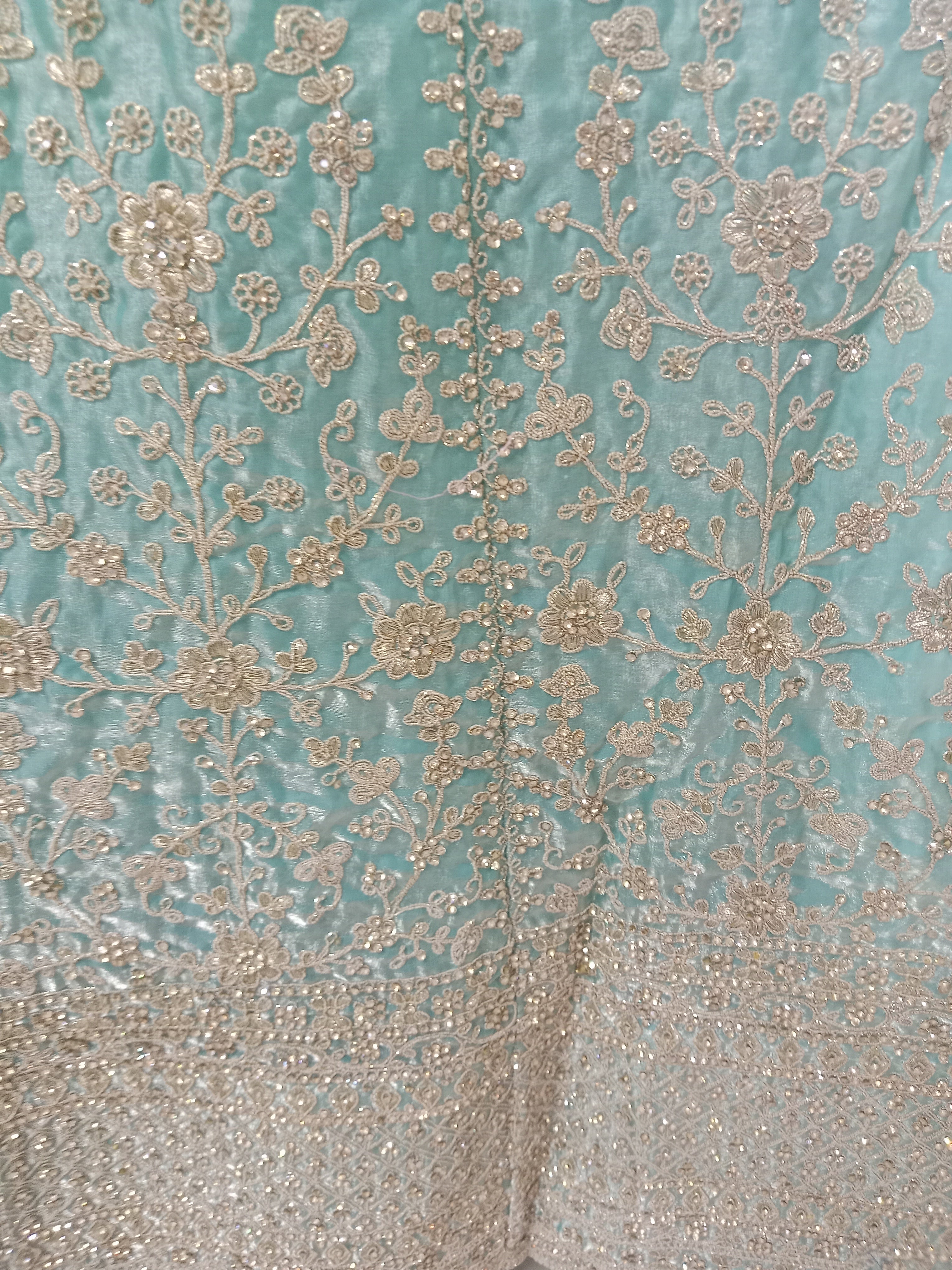 SEAFOAM GREEN LEHENGA WITH GOLD ZARI+ SCALLOPED BORDER